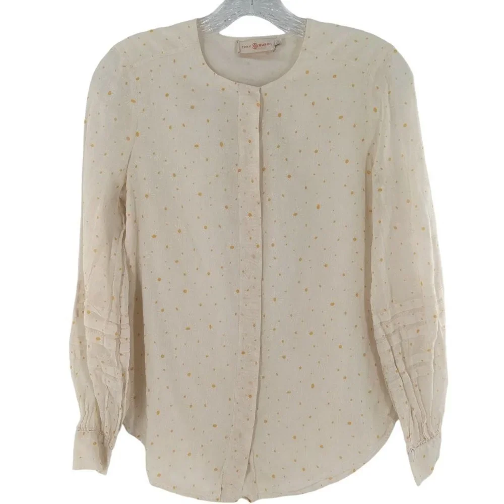 TORY BURCH White Daisy Print Cotton Pleated Sleeve Shirt Size 0